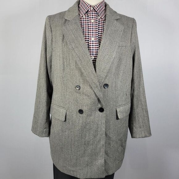 H&M Men's Double Breast Sport‎ Coat Blazer Gray Herringbone Four Button Size XL